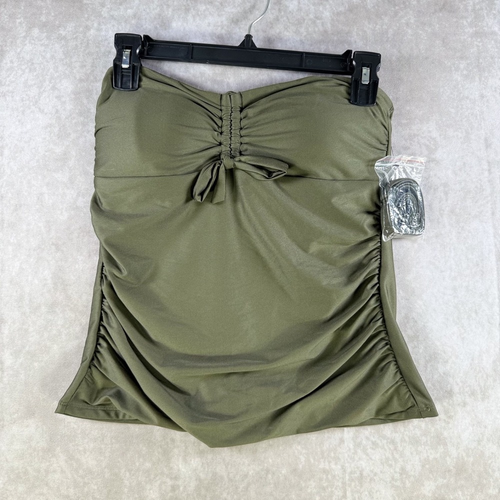 NWT‎ DKNY Swim Top Women Small Green Ruched Bandeau Convertible Tankini Chic